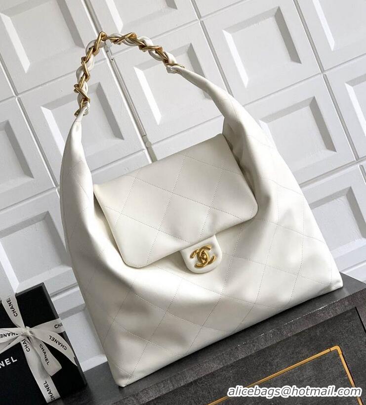 Spot Classic Chanel Maxi Hobo Bag Original Shiny Calfskin Leather AS5838 White/Gold