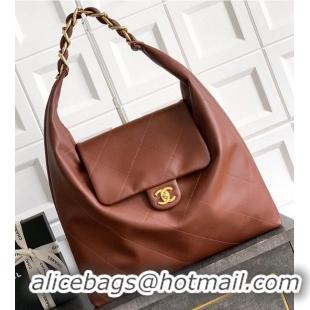Top Grade Chanel Maxi Hobo Bag Original Shiny Calfskin Leather AS5838 Brown/Gold