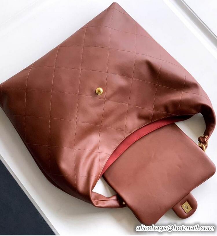Top Grade Chanel Maxi Hobo Bag Original Shiny Calfskin Leather AS5838 Brown/Gold