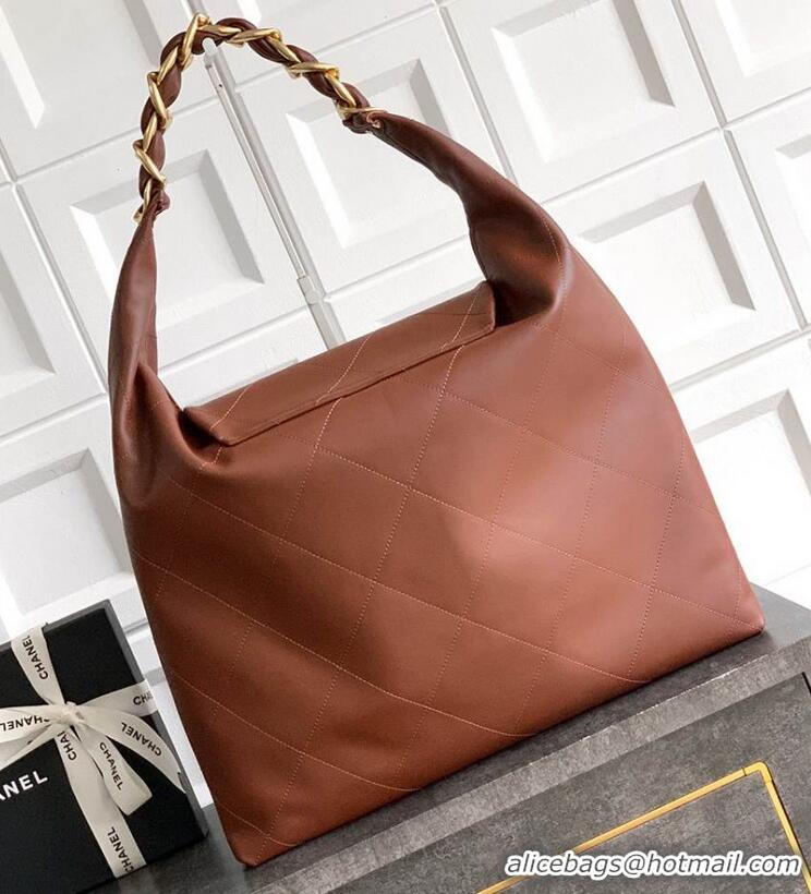 Top Grade Chanel Maxi Hobo Bag Original Shiny Calfskin Leather AS5838 Brown/Gold