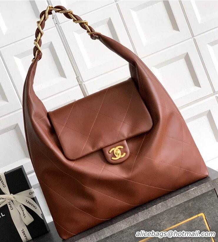 Top Grade Chanel Maxi Hobo Bag Original Shiny Calfskin Leather AS5838 Brown/Gold