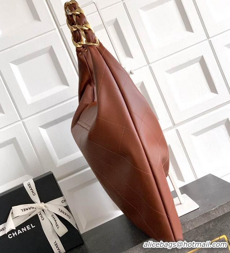 Top Grade Chanel Maxi Hobo Bag Original Shiny Calfskin Leather AS5838 Brown/Gold