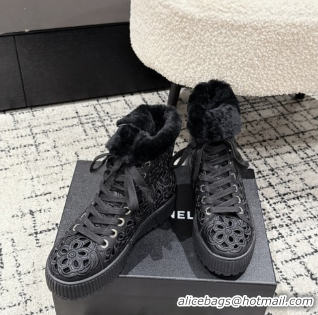 Most Popular Chanel Openwork Calfskin Leather and Wool High Top Sneakers Black 2025 CH110101 1101001