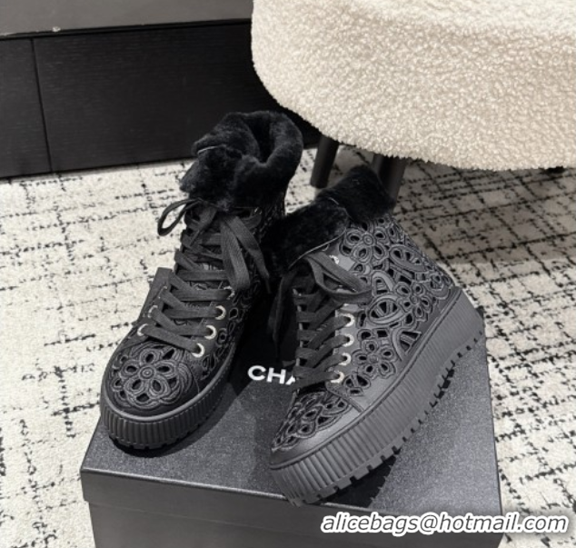Most Popular Chanel Openwork Calfskin Leather and Wool High Top Sneakers Black 2025 CH110101 1101001