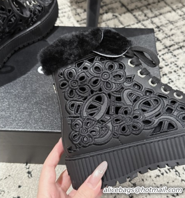 Most Popular Chanel Openwork Calfskin Leather and Wool High Top Sneakers Black 2025 CH110101 1101001