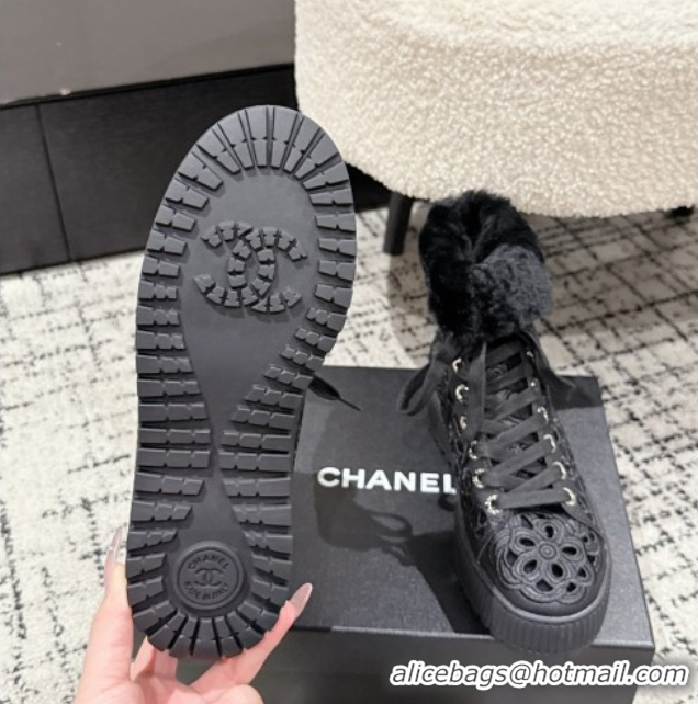 Most Popular Chanel Openwork Calfskin Leather and Wool High Top Sneakers Black 2025 CH110101 1101001