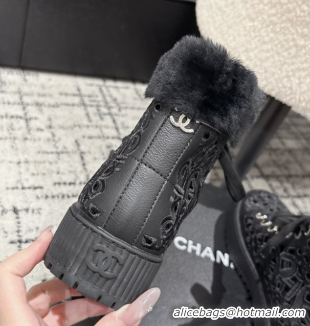 Most Popular Chanel Openwork Calfskin Leather and Wool High Top Sneakers Black 2025 CH110101 1101001