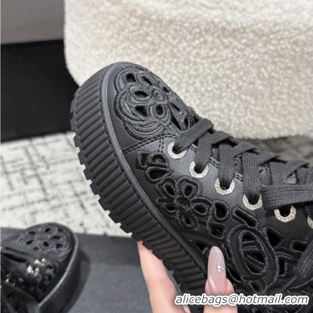 Most Popular Chanel Openwork Calfskin Leather and Wool High Top Sneakers Black 2025 CH110101 1101001