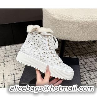 Good Quality Chanel Openwork Calfskin Leather and Wool High Top Sneakers White 2025 CH110101 1101002