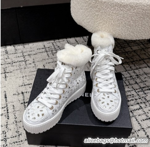 Good Quality Chanel Openwork Calfskin Leather and Wool High Top Sneakers White 2025 CH110101 1101002