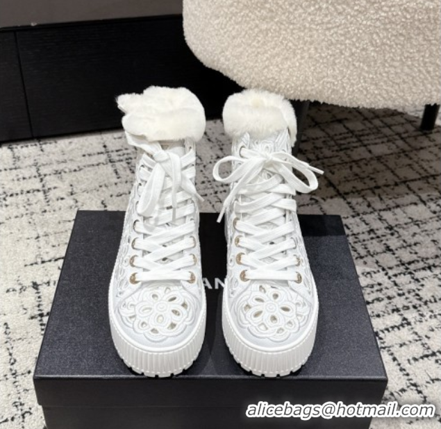Good Quality Chanel Openwork Calfskin Leather and Wool High Top Sneakers White 2025 CH110101 1101002