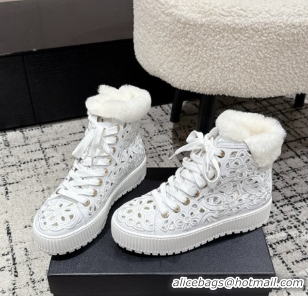 Good Quality Chanel Openwork Calfskin Leather and Wool High Top Sneakers White 2025 CH110101 1101002
