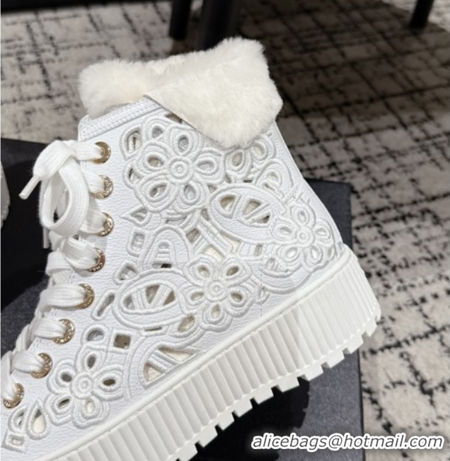 Good Quality Chanel Openwork Calfskin Leather and Wool High Top Sneakers White 2025 CH110101 1101002