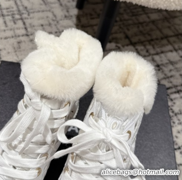 Good Quality Chanel Openwork Calfskin Leather and Wool High Top Sneakers White 2025 CH110101 1101002