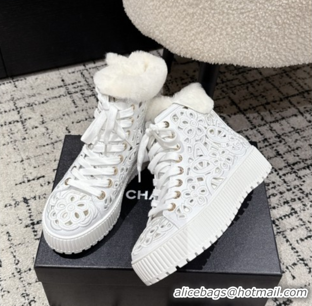 Good Quality Chanel Openwork Calfskin Leather and Wool High Top Sneakers White 2025 CH110101 1101002