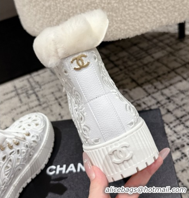 Good Quality Chanel Openwork Calfskin Leather and Wool High Top Sneakers White 2025 CH110101 1101002
