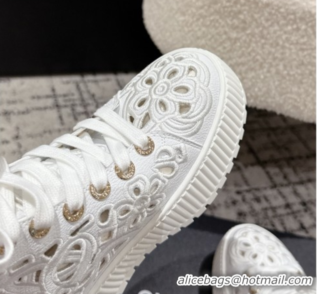 Good Quality Chanel Openwork Calfskin Leather and Wool High Top Sneakers White 2025 CH110101 1101002