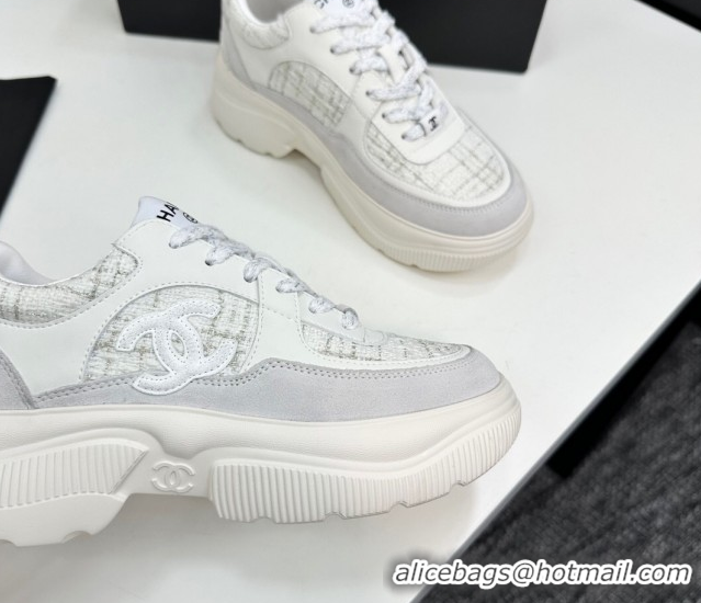 Grade Quality Chanel Calfskin Leather, Suede and Tweed Platform Sneakers White05 2025 CH110102 1101005