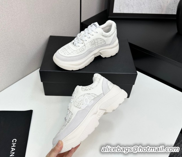 Grade Quality Chanel Calfskin Leather, Suede and Tweed Platform Sneakers White05 2025 CH110102 1101005