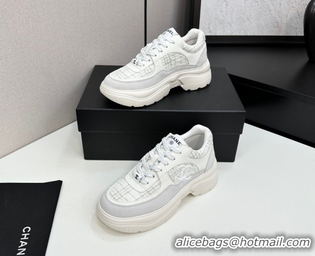 Grade Quality Chanel Calfskin Leather, Suede and Tweed Platform Sneakers White05 2025 CH110102 1101005