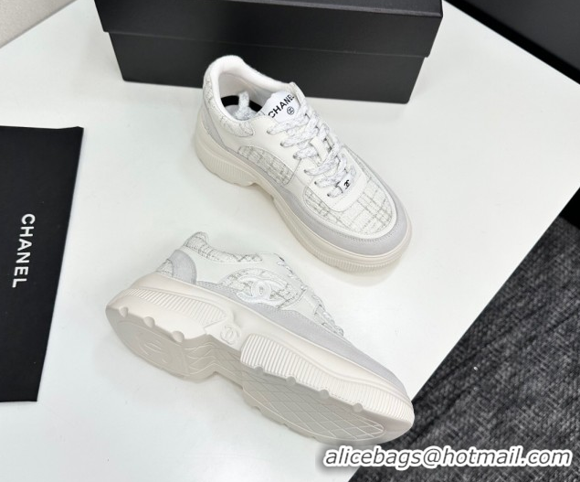 Grade Quality Chanel Calfskin Leather, Suede and Tweed Platform Sneakers White05 2025 CH110102 1101005