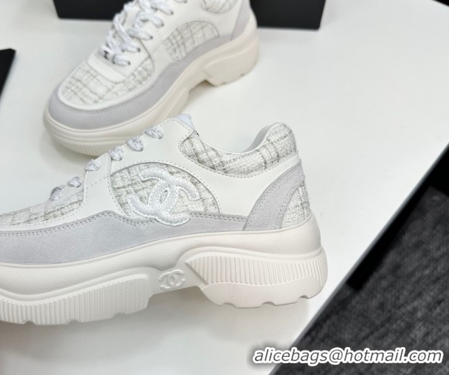 Grade Quality Chanel Calfskin Leather, Suede and Tweed Platform Sneakers White05 2025 CH110102 1101005