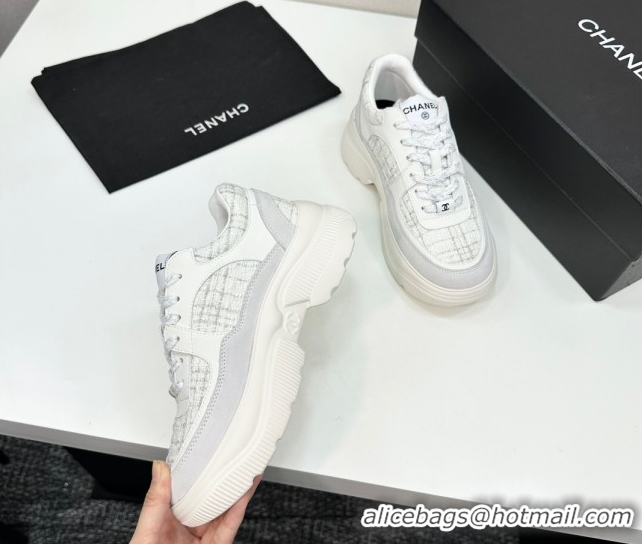 Grade Quality Chanel Calfskin Leather, Suede and Tweed Platform Sneakers White05 2025 CH110102 1101005