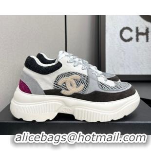 Best Grade Chanel Calfskin Leather, Suede and Fabric Platform Sneakers Grey CH110102 101006