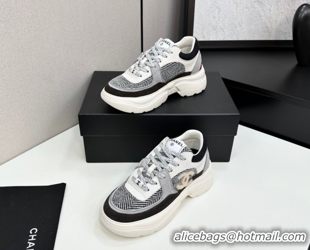 Best Grade Chanel Calfskin Leather, Suede and Fabric Platform Sneakers Grey CH110102 101006