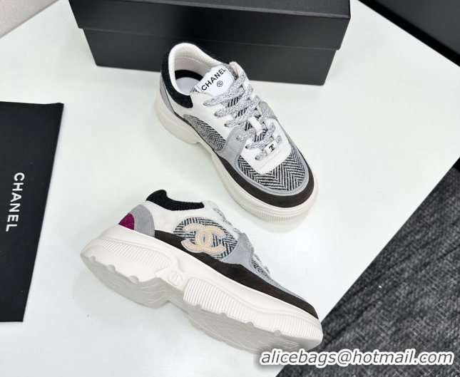 Best Grade Chanel Calfskin Leather, Suede and Fabric Platform Sneakers Grey CH110102 101006