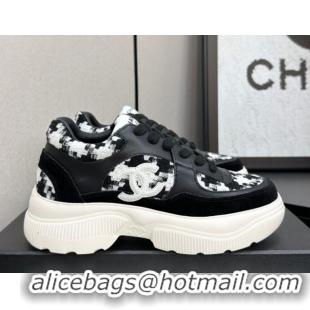 Unique Style Chanel Calfskin Leather, Suede and Tweed Platform Sneakers Black08 2025 CH110102 1101008
