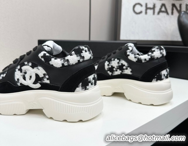 Unique Style Chanel Calfskin Leather, Suede and Tweed Platform Sneakers Black08 2025 CH110102 1101008