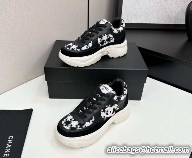 Unique Style Chanel Calfskin Leather, Suede and Tweed Platform Sneakers Black08 2025 CH110102 1101008