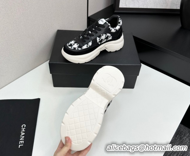 Unique Style Chanel Calfskin Leather, Suede and Tweed Platform Sneakers Black08 2025 CH110102 1101008