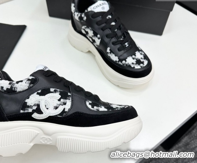 Unique Style Chanel Calfskin Leather, Suede and Tweed Platform Sneakers Black08 2025 CH110102 1101008