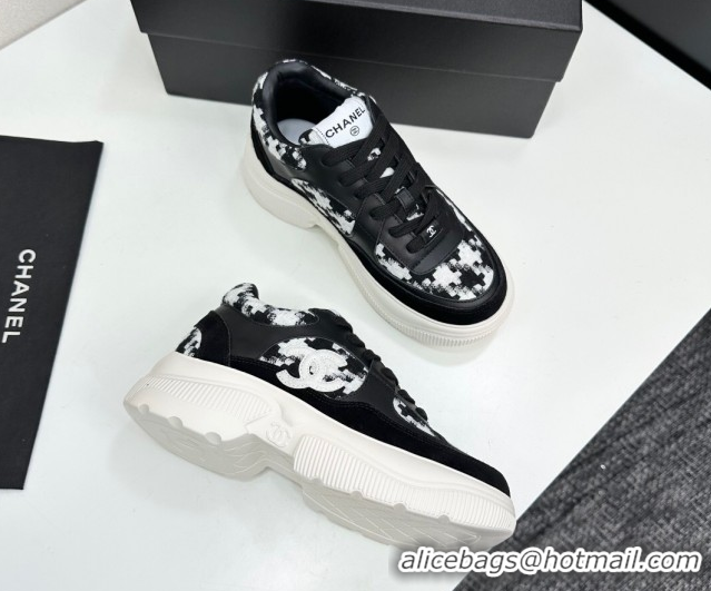 Unique Style Chanel Calfskin Leather, Suede and Tweed Platform Sneakers Black08 2025 CH110102 1101008