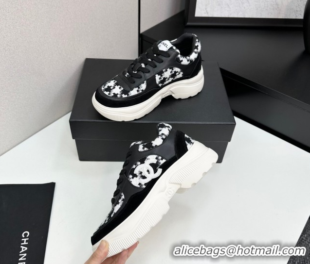Unique Style Chanel Calfskin Leather, Suede and Tweed Platform Sneakers Black08 2025 CH110102 1101008