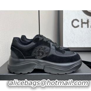 Stylish Chanel Calfskin Leather, Suede and Fabric Platform Sneakers All Black 2025 CH110102 1101009