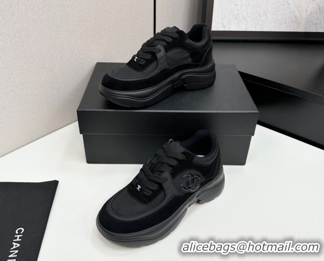 Stylish Chanel Calfskin Leather, Suede and Fabric Platform Sneakers All Black 2025 CH110102 1101009