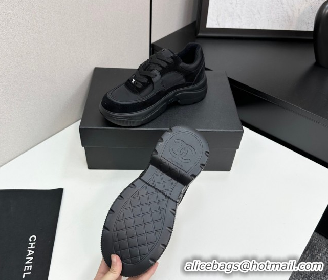 Stylish Chanel Calfskin Leather, Suede and Fabric Platform Sneakers All Black 2025 CH110102 1101009