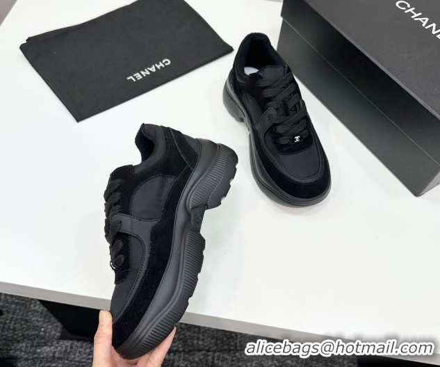 Stylish Chanel Calfskin Leather, Suede and Fabric Platform Sneakers All Black 2025 CH110102 1101009