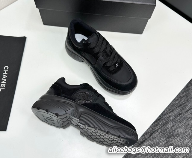 Stylish Chanel Calfskin Leather, Suede and Fabric Platform Sneakers All Black 2025 CH110102 1101009