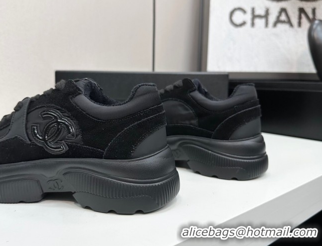 Stylish Chanel Calfskin Leather, Suede and Fabric Platform Sneakers All Black 2025 CH110102 1101009
