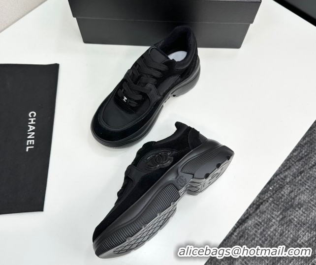 Stylish Chanel Calfskin Leather, Suede and Fabric Platform Sneakers All Black 2025 CH110102 1101009