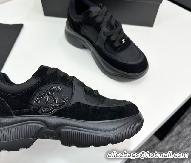 Stylish Chanel Calfskin Leather, Suede and Fabric Platform Sneakers All Black 2025 CH110102 1101009