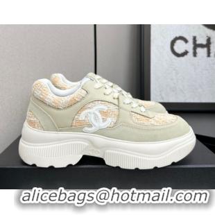 Duplicate Chanel Calfskin Leather, Suede and Tweed Platform Sneakers Green/Yellow 10 2025 CH110102 1101010