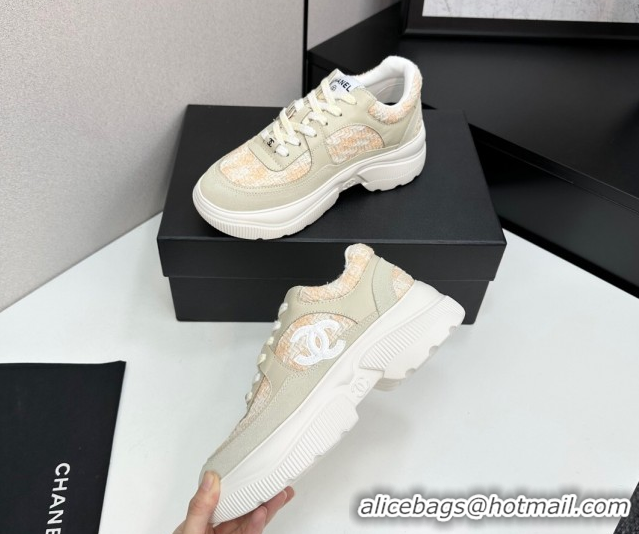Duplicate Chanel Calfskin Leather, Suede and Tweed Platform Sneakers Green/Yellow 10 2025 CH110102 1101010