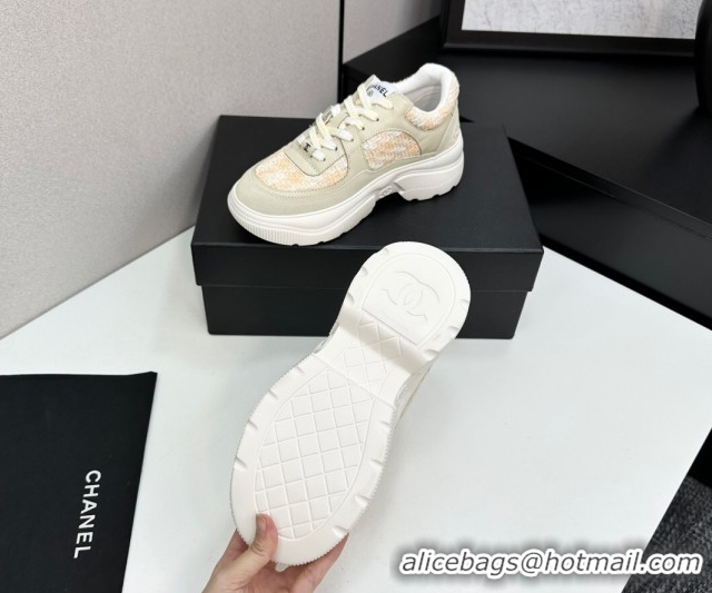 Duplicate Chanel Calfskin Leather, Suede and Tweed Platform Sneakers Green/Yellow 10 2025 CH110102 1101010