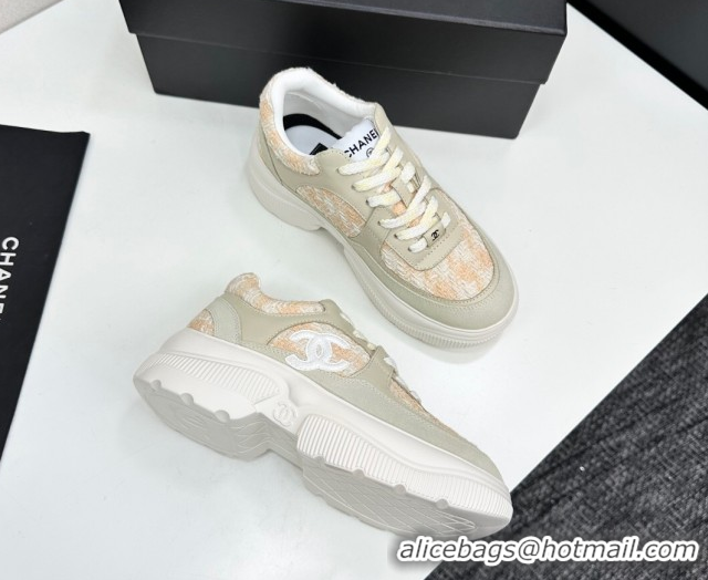 Duplicate Chanel Calfskin Leather, Suede and Tweed Platform Sneakers Green/Yellow 10 2025 CH110102 1101010