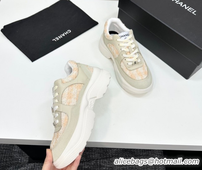 Duplicate Chanel Calfskin Leather, Suede and Tweed Platform Sneakers Green/Yellow 10 2025 CH110102 1101010